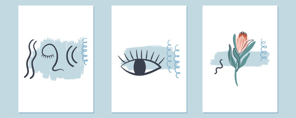 
Set of creative minimalistic abstract posters. Boho aesthetic compositions. Hand drawn vector illustrations with decorative lines, curls, painted strokes. For card, poster, cover design.
