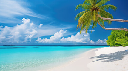 White sand and cloudy blue sky, beautiful oblique tropical palm trees background. Generative ai