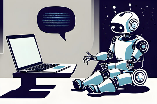 cute-robot-working-with-laptop-and-speech-bubble-in-dark-room. Generative AI