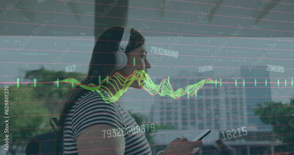 Poster animation of data processing against caucasian woman using smartphone while walking on the street