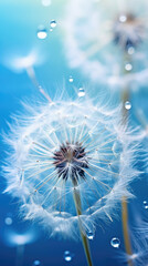 White Dandelion seed and macro water particles around it, blue color, vertical background. Generative ai