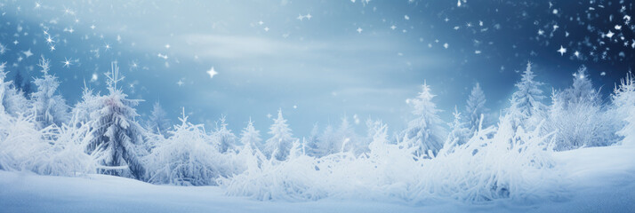 Winter concept azure background with snow-covered ground and trees with snowflakes. Generative ai