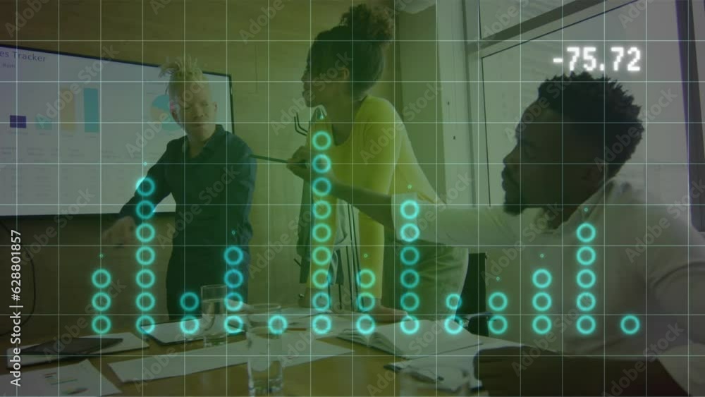 Poster animation of statistical data processing over diverse colleagues discussing together at office