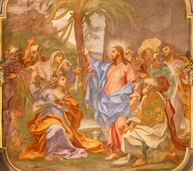 Tuinposter GENOVA, ITALY - MARCH 6, 2023: The fresco Christ in the with the St. Martha and Mary in the church Chiesa di Santa Marta from 17 cent. © Renáta Sedmáková