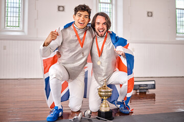 Britain flag, fencing and portrait of men with trophy for winning competition, challenge and match....