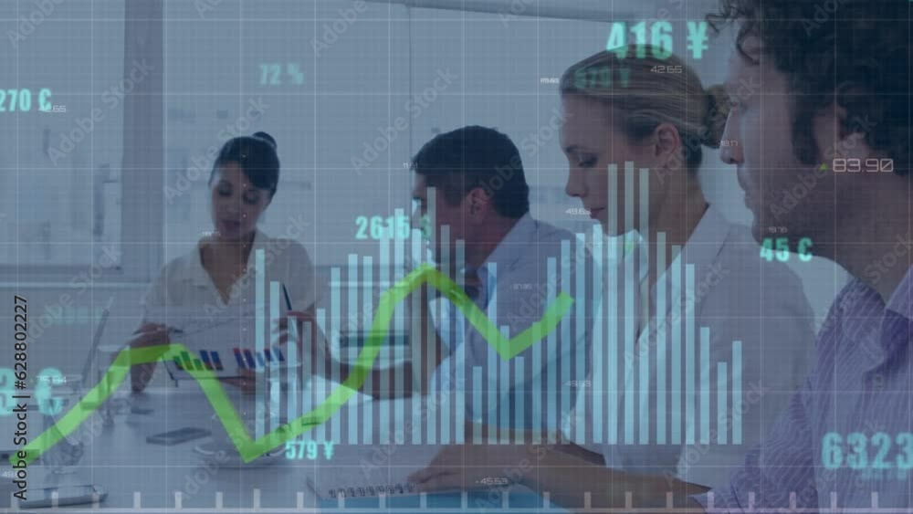 Aufkleber animation of statistical data processing over diverse businesspeople discussing together at office