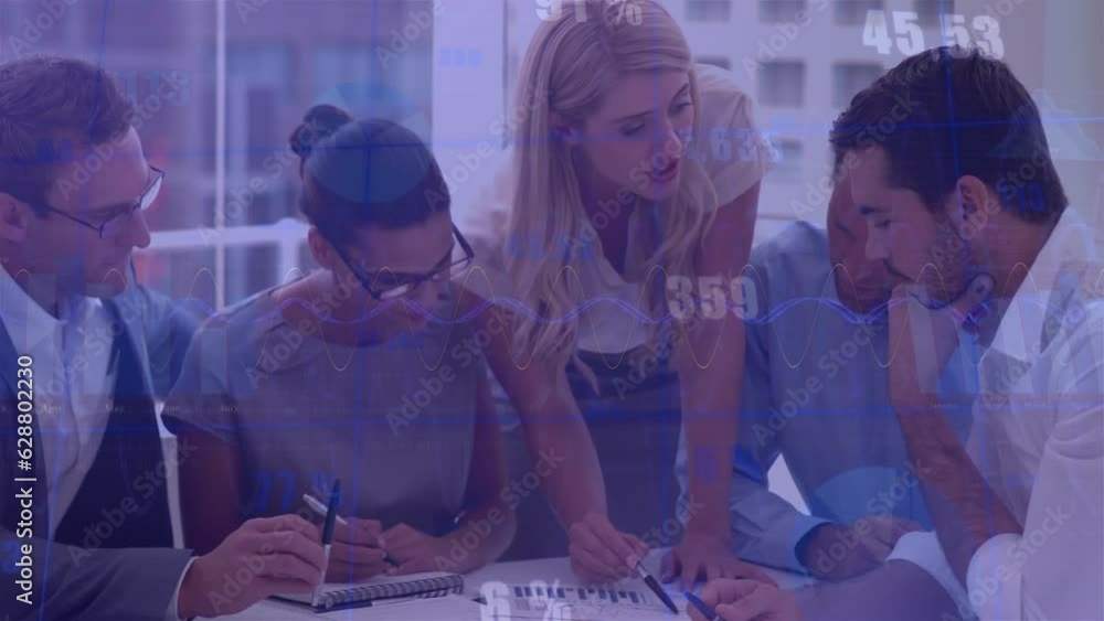 Poster animation of statistical data processing over diverse businesspeople discussing together at office