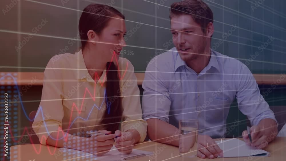 Poster animation of statistical data processing over diverse man and woman discussing at office