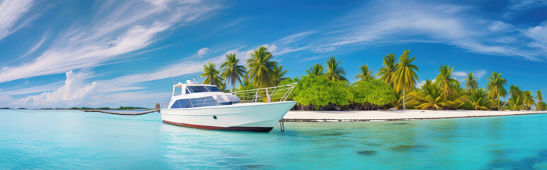 White Boat background with palm trees and sea with Maldives island vacation concept. Generative ai