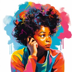 Little black girl in thinking and doubts vintage illustration. Young woman character with dreamy face on abstract background. Ai generated bright retro poster.