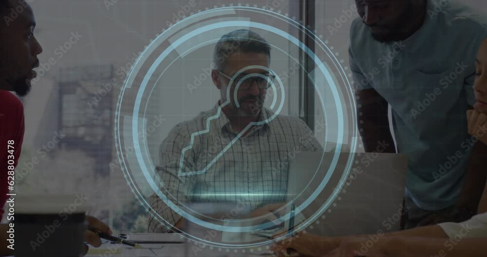 Poster animation of cyber security text and key icon, diverse manager discussing with coworker over laptop