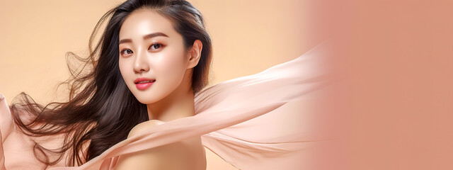 elegance, portrait of beautiful asian young woman, banner with copy space made with Generative AI