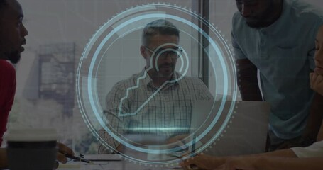 Animation of cyber security text and key icon, diverse manager discussing with coworker over laptop - Powered by Adobe