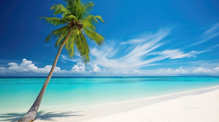 Fototapeta premium Turquoise sea and blue sky, beautiful oblique tropical palm trees background. Generative ai