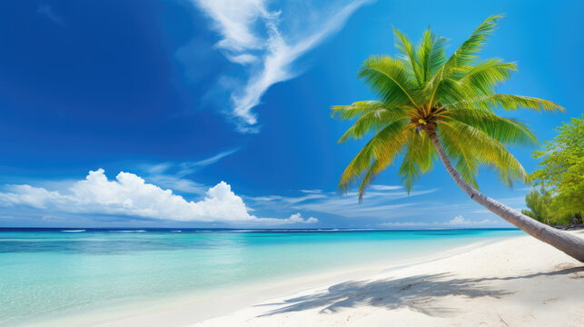 Turquoise sea and cloudy blue sky, beautiful oblique tropical palm trees background. Generative ai