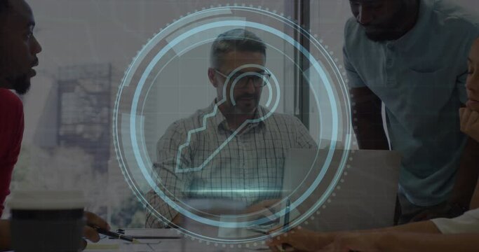 Animation of cyber security text and key icon, diverse manager discussing with coworker over laptop - Powered by Adobe