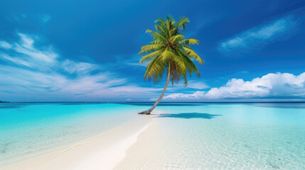 Fototapeta na wymiar Tropical palm tree cloudy background in middle of turquoise sea. Generative ai