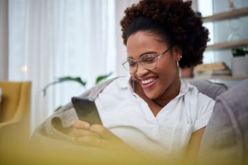 Laughing, meme and woman with phone on a couch using the internet, web and search on social media...