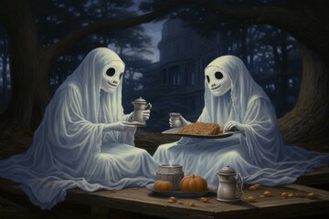 Fototapeta na wymiar Ghosts take tea picnic table. Generate Ai