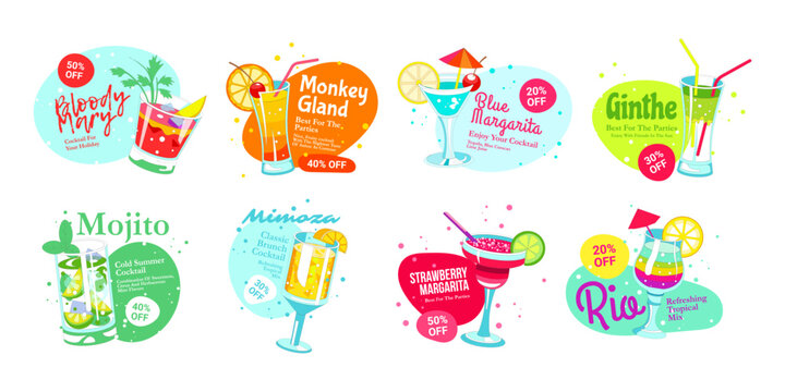 Cocktail sticker set, vector icon collection