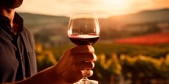 A close-up shot of a sommelier who is spinning a glass containing red wine, and in the background is the vineyard from which this wine was produced.