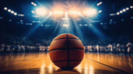 Close up of a Basketball ball in the center of the stadium