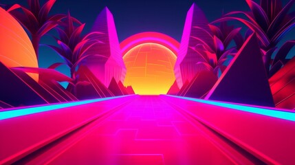 Neon Tropical Synthwave Theme 3D Abstract Background - obrazy, fototapety, plakaty