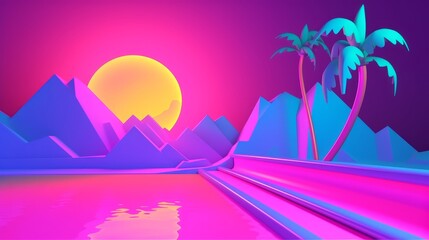 Fototapeta na wymiar Neon Tropical Synthwave Theme 3D Abstract Background