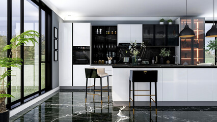 Black modern and luxury stylish kitchen room interior with kitchen island and black marble floor, 3D Rendering 