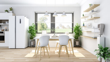 White modern contemporary stylish kitchen room interior, 3D Rendering 
