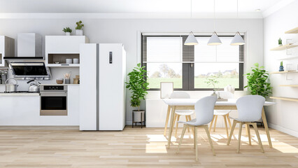 White modern contemporary stylish kitchen room interior, 3D Rendering 