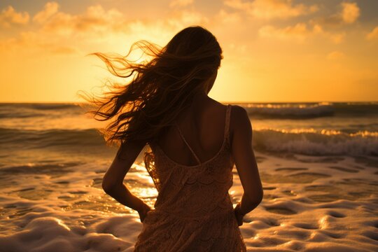 Girl on beach sunset nature. Generate Ai