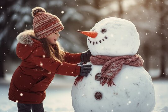 Girl make snowmen season. Generate Ai