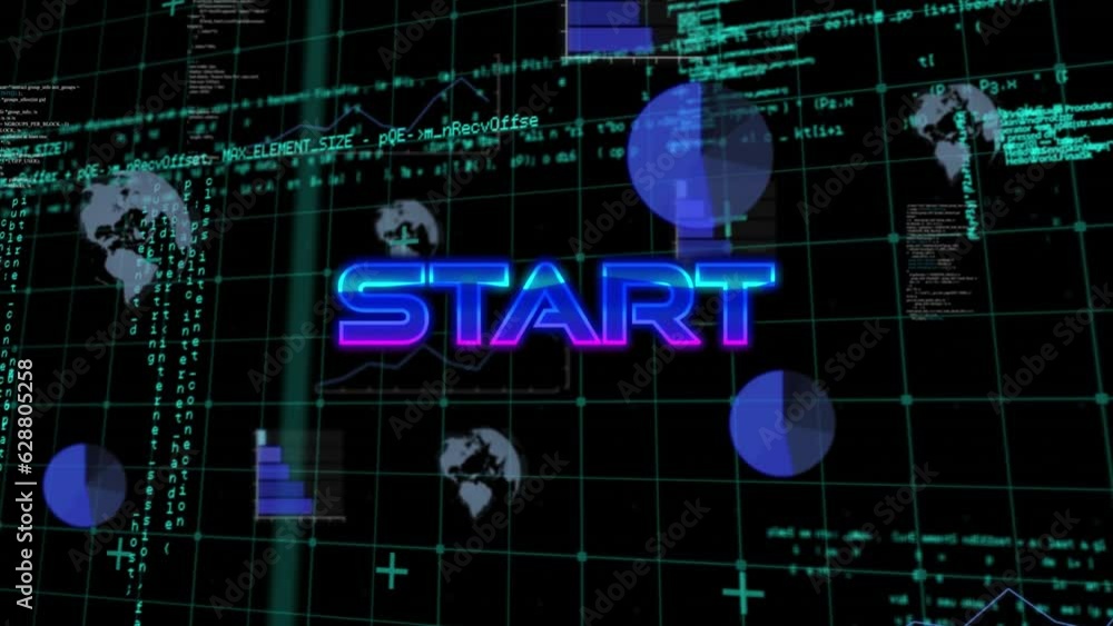 Poster animation of illuminated start text over computer language, globes, graphs on grid