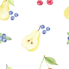 Watercolor berries and fruits seamless pattern. Cherry,  blueberries and pears. Hand drawn illustration on transparent.
