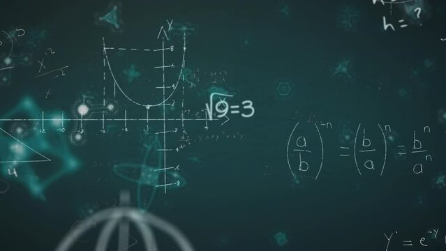 Animation of mathematics equations and medical symbols moving on black background