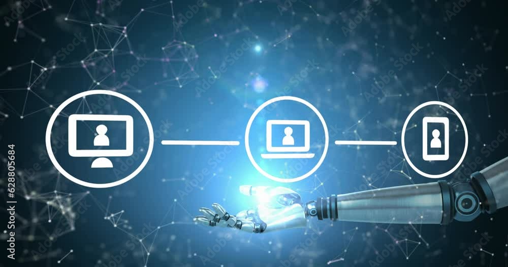 Poster animation of robot arm holding flowchart with laptop, computer, phone icons over connected dots