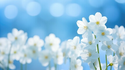 Fototapeta na wymiar Spring forest white flowers primrose on a beautiful blue. Generative ai.