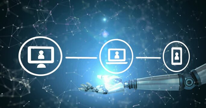 Animation of robot arm holding flowchart with laptop, computer, phone icons over connected dots