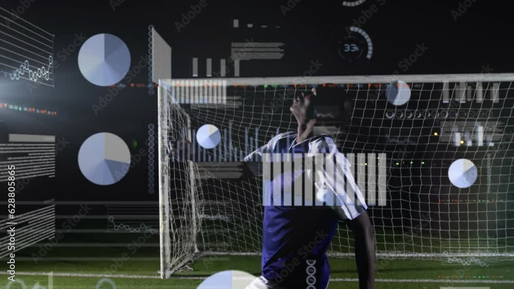 Poster animation of multiple graphs and computer language over african american player kicking soccer ball