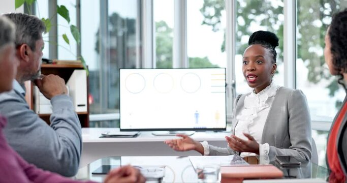 Computer, presentation and black woman in office meeting for team, growth and kpi review. Screen, research and people in conference with leader for vision, goal and strategy for startup or analytics