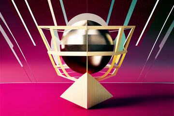 abstract geometric angular and spherical trophy sculpture, digital constructivism, retro-futuristic,  silver and magenta