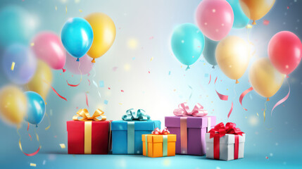 Happy birthday poster with colorful balloons and gift box background.