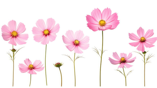 Set of seven pink Cosmos bipinnatus flowers of different patterns white background. Generative ai