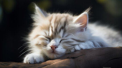 peacefully sleeping baby cat, cozy cute kitten napping