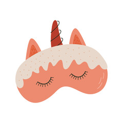 Night mask with unicorn face. Concept of cozy home, relaxation. Hygge lifestyle. Hand drawn flat style vector illustration.