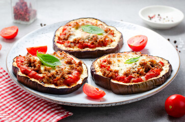 Eggplant Pizza with Tomato Sauce, Minced Meat, Mozzarella and Basil, Mini Vegetable Pizza over Bright Background