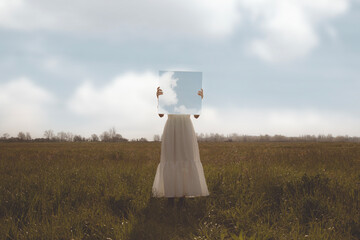woman holding a surreal painting of the sky in front of her face, abstract concept