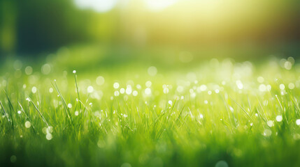 Obraz premium Natural grass field background with blurred bokeh and sun rays