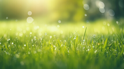 Fototapeta premium Natural grass field background with blurred bokeh and sun rays